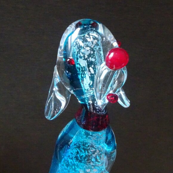 8" Vintage Murano Blue and Clear Glass Dog with Silver Flakes and Red Nose - Picture 1 of 16